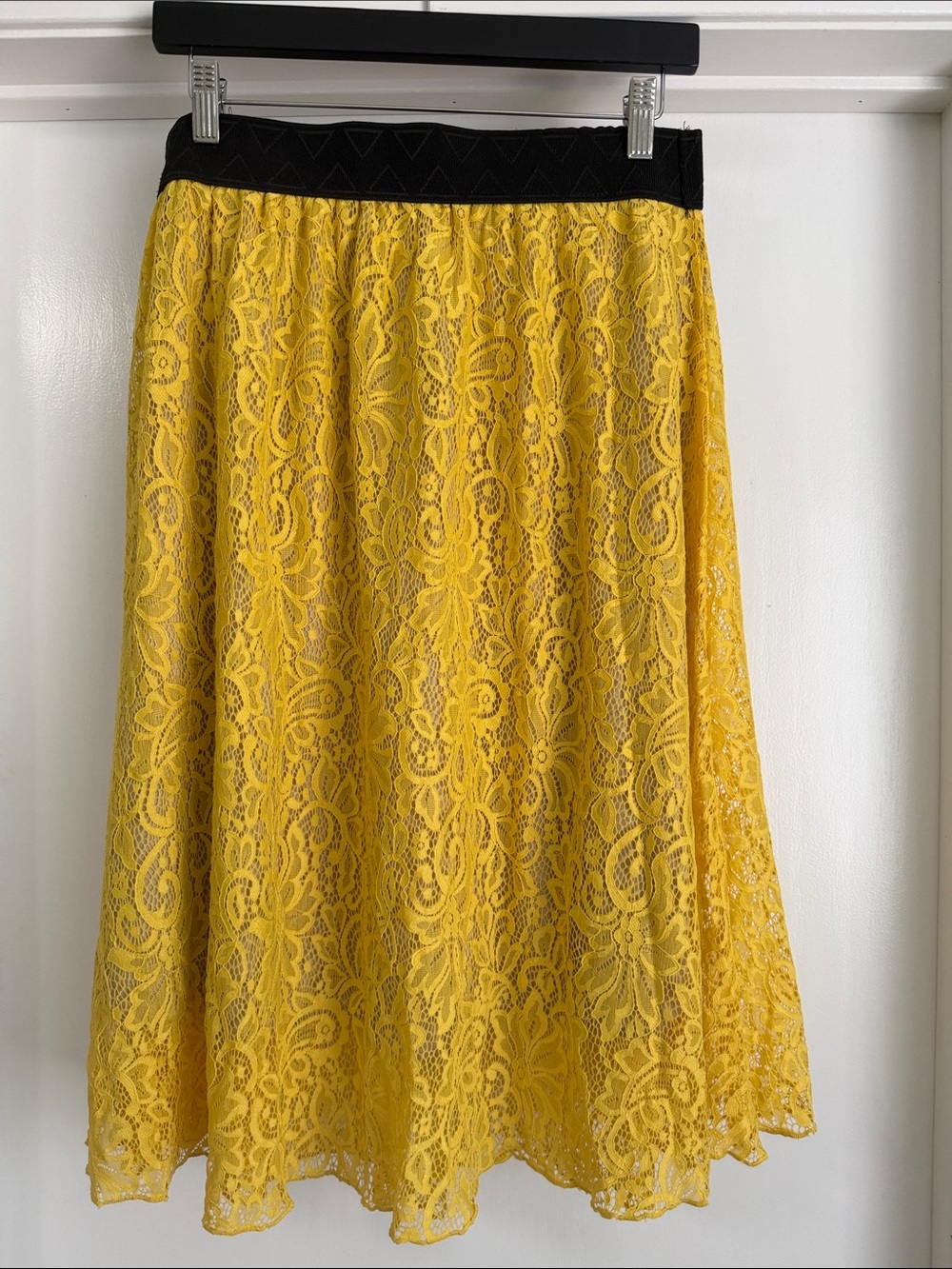 LuLaRoe Lola Yellow Lace Midi Skirt with Black Waistband XL